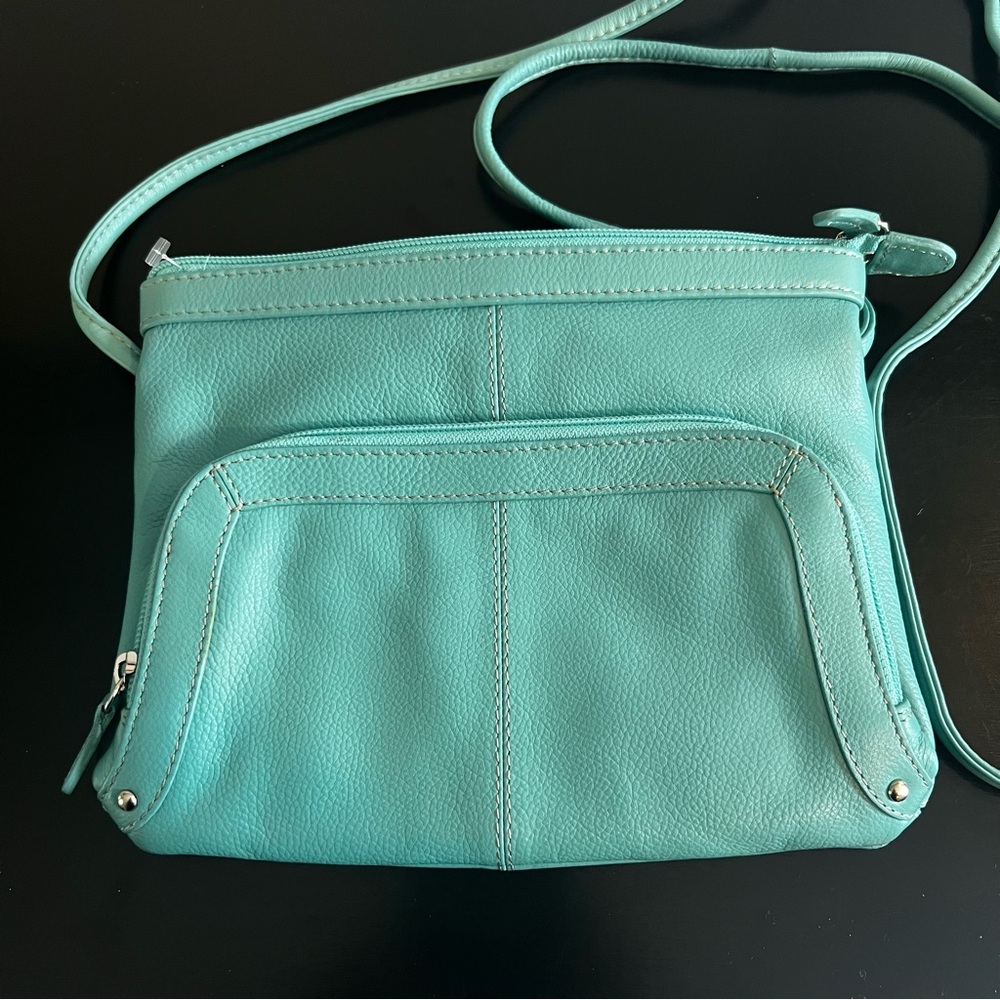 ili New York Leather Cross Body Bag Purse Teal Turquoise Organizer Pre Owned EUC